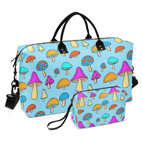 Colorful Mushrooms Lightblue Travel Duffel Bag for Men Women with Makeup Bag Weekend Overnight Carry On Bags for Hospital Gym Travel