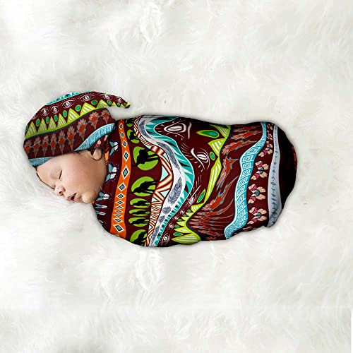 Image of Boha Style Newborn Swaddle Blankets Beanie Hat Sets,Newborn Receiving Blanket for Boy Girl,Swaddle Sack Shower Infant Gift, One Size