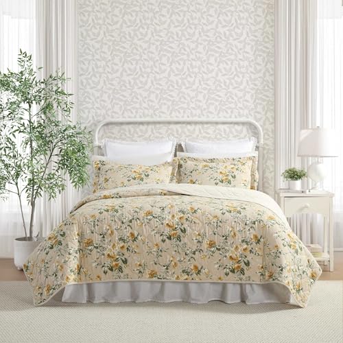 Image of Laura Ashley - King Quilt Set, Reversible Cotton Bedding with Matching Shams, Lightweight Home Decor for All Seasons (Roses Gold, King)