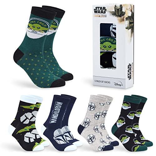 Disney Calcetines de Media Pantorrilla Hombre, Pack de 5 Calcetines Divertidos con Dibujos, Regalos Frikis para Hombres (Verde Baby Yoda)