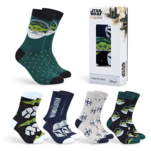 Disney Calcetines de Media Pantorrilla Hombre, Pack de 5 Calcetines Divertidos con Dibujos, Regalos Frikis para Hombres (Verde Baby Yoda)