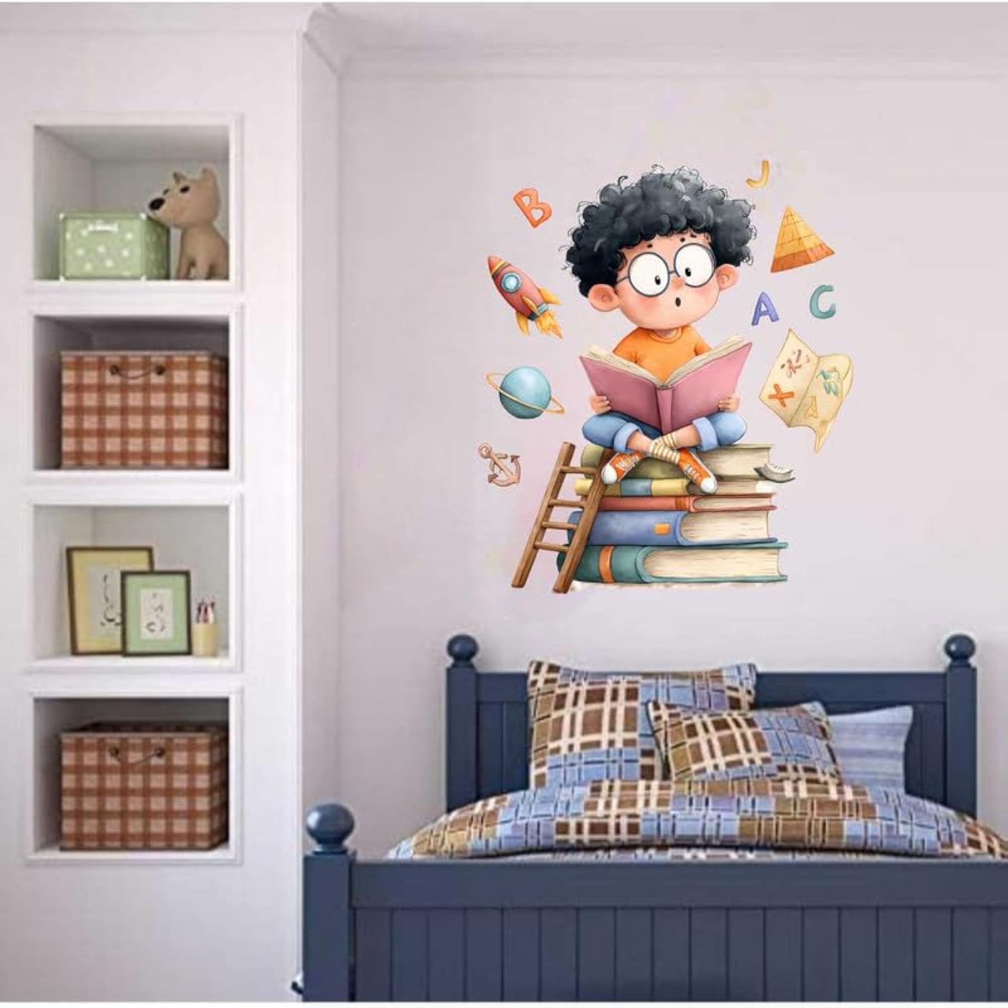 School Theme Sticker, Cute Reading Boy Wall Decor