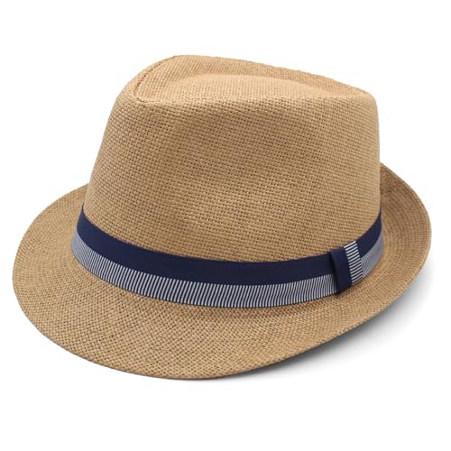 LIDHAY Short Brim Panama Hat Straw Fedora Hats for Men Women Summer Derby Trilby Hats Beach Sun Hat ZQSSD Khaki