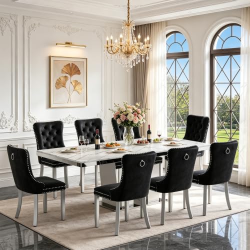 Image of White Faux Marble Extendable Dining Table Set for 8 Mirrored Base | 63 inch-94 inch Mirrored Pedestal Dining Set with 8 Velvet Chair,Modern Large Expandable Kitchen Table Set for Dining Room Gathering