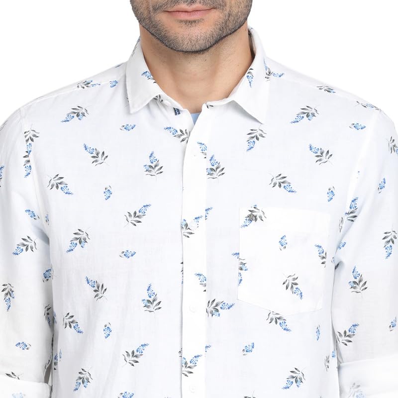 Image of Turtle Men Cotton Linen White Printed Slim Fit Full Sleeve Casual Shirt