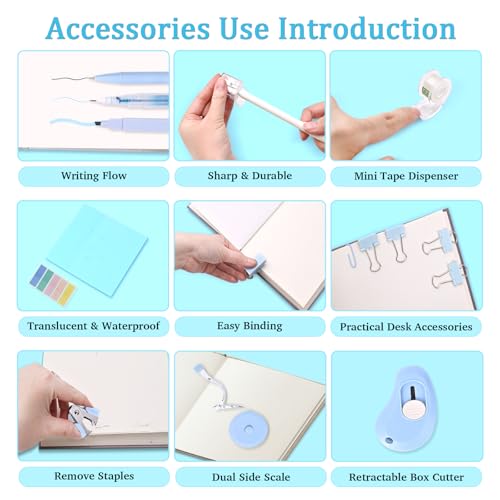 Mini Office Supply Kit, Blue Stapler with Staples and Tape Dispenser Set, Mini Stationary Kit Includes Sticky Notes Index Tabs Highlighters Gel Pens for Office & School (Blue)