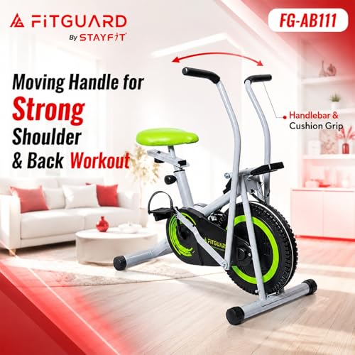 Image of FITGUARD FG-AB 111 By STAYFIT Dual Action Air Bike /Exercise Bike for Home |Gym Cycle for Workout With Adjustable Cushioned Seat | Non-Slip Pedals | Moving Handles Black Gym Bike, Max user weight 120 KG (Green)