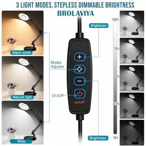 Image of BROLAVIYA Overhead Heavy Base 5X Magnifying Glass with Led Light and Stand, 3 Color Modes Dimmable, Flexible Metal Arm, Magnifier Desk Lamp for Crafts, Makeup, Reading, Photography - Black