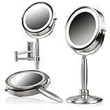 Ovente Makeup Mirror with Lights and Magnification, 8.5'' 3 Color Tone 1X 5X Double Sided Spinning Round LED, Easy Switch to Wall Mount, Tabletop & Handheld Battery Powered Nickel Brushed MFM85BR1X5X