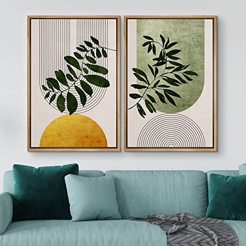 Idea4Wall Framed Canvas Print Wall Art Set Mid-Century Geometric Forest Plant Leaf Nature Wilderness Illustrations Modern Art Rustic Decorative For Living Room, Bedroom, Office - 16"X24"X2 Natural #TOP1