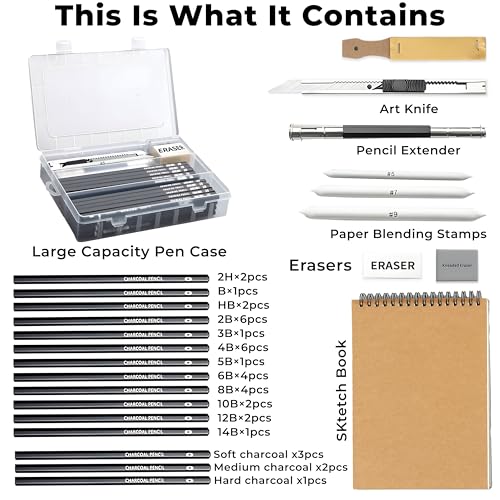 Image of Sketch Pencil Set, Drawing Pencil Set and Shading Tool Kit for Artists, Perfect Sketching Kit of Charcoal Pencils and Shading Art with Carry Box and A5 Sketch Book (48 Pieces)