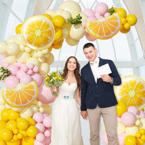 Lemon Balloon Arch, Pink and Yellow Balloon Arch Kit with Pastel Yellow Light Pink Foil Balloons for Lemon Baby Shower Bridal Shower Birthday Party Decorations