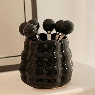 Ceramic Makeup Brush Holder, Minimalist Desktop Organizer Jar, Decorative Vanity Canister for Jewelry & Home Decor (Black)