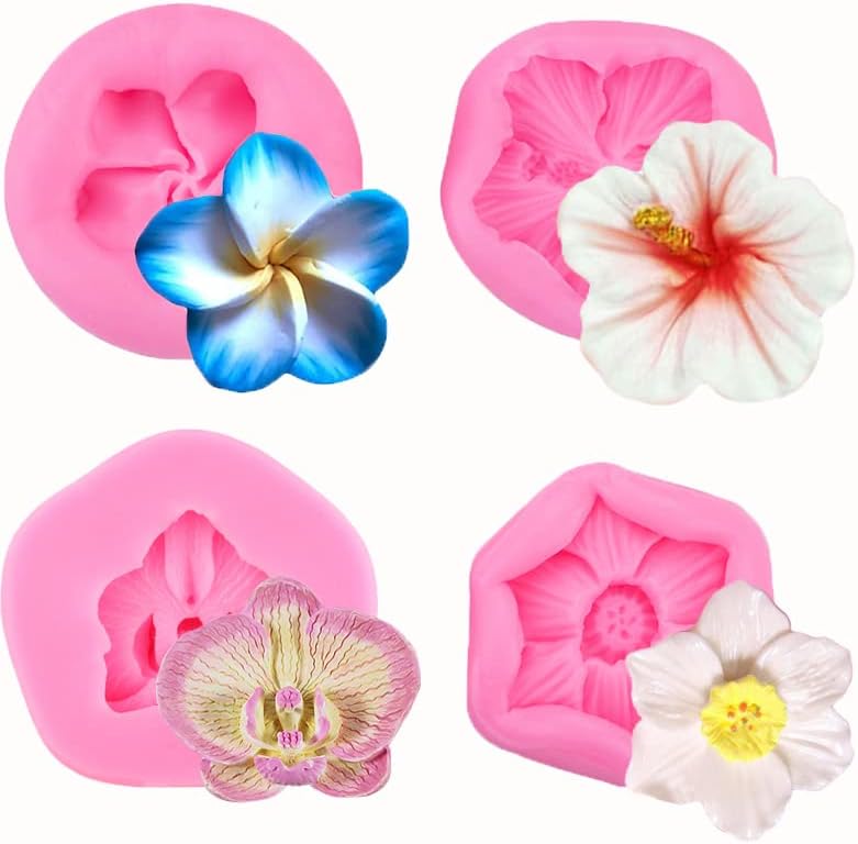 4 moldes de silicona para hacer dulces de fondant, orquídea, orquídea, hibisco, frangipani, flor, molde, chocolate, postres, arcilla, galletas,