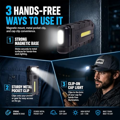 TFFUAM 180°Rotating Head LED Work Light, Magnetic Base & USB-C Rechargeable, Dual Beam Pocket Flashlight with Clip, Hands-Free Work Light for Auto Repair, Camping, Mechanic, Home & Emergency (1) - image 4