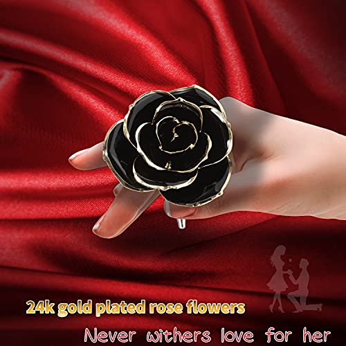 Image of Gold Real Rose, Gold Dipped Rose Made from Real Rose Best Gifts for her and Great Gifts for Girlfriend, Black with Stand