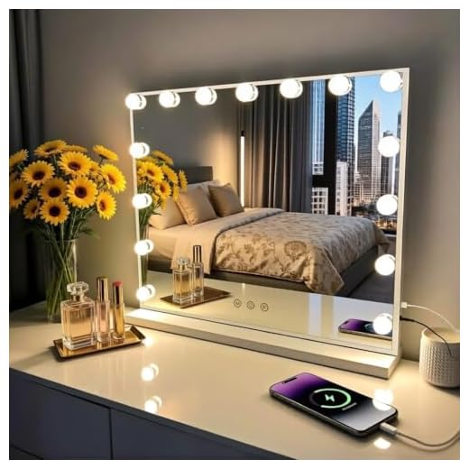 Kottova Vanity Mirror with Lights,Makeup Mirror with Lights, Hollywood Lighted Mirror with 15 Dimmable LED Bulbs,3 Colors Modes,Touch Control,USB Charging Port,Metal Frame,White