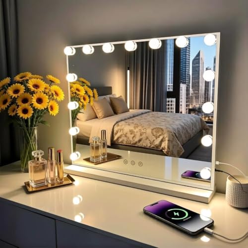 Kottova Vanity Mirror with Lights, 23'x18.1' Lighted Makeup Mirror with 15 Dimmable LED Bulbs, Hollywood Mirror with 3 Color Lightings, USB Charging Port Touch Control, Metal Frame,Plug in (White)