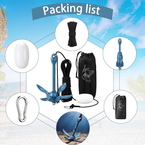 Image of MorningRo 1 Pack 1.5 /3.5 lb Marine Kayak Anchor Kit with 40ft Rope and Buoy Folding Grapnel Boat Anchor Kit Kayak Fishing Accessories for Small Boats, Canoe, SUP Paddle Boards