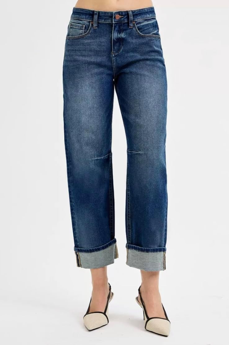 Risen Slouchy Cropped Barrel Cuffed Jeans- Ivory Gem