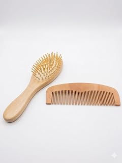 Doğal Ahşap Saç Fırçası ve Tarak Seti, 2'li Set, Saç Bakımı için