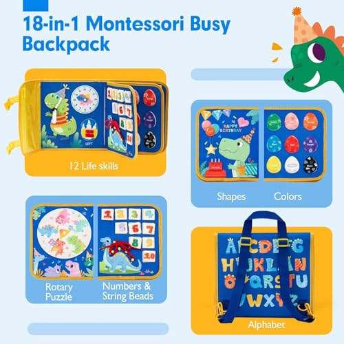 Image of PATPAT Dinosaur Toddler Busy Board Backpack, Montessori Toys for Boys Girls 1 2 3 4 Year Old, Early Educational Activity Baby Sensory Toy with Learn to Lace, Zipping, Portable Busy Board for Travel