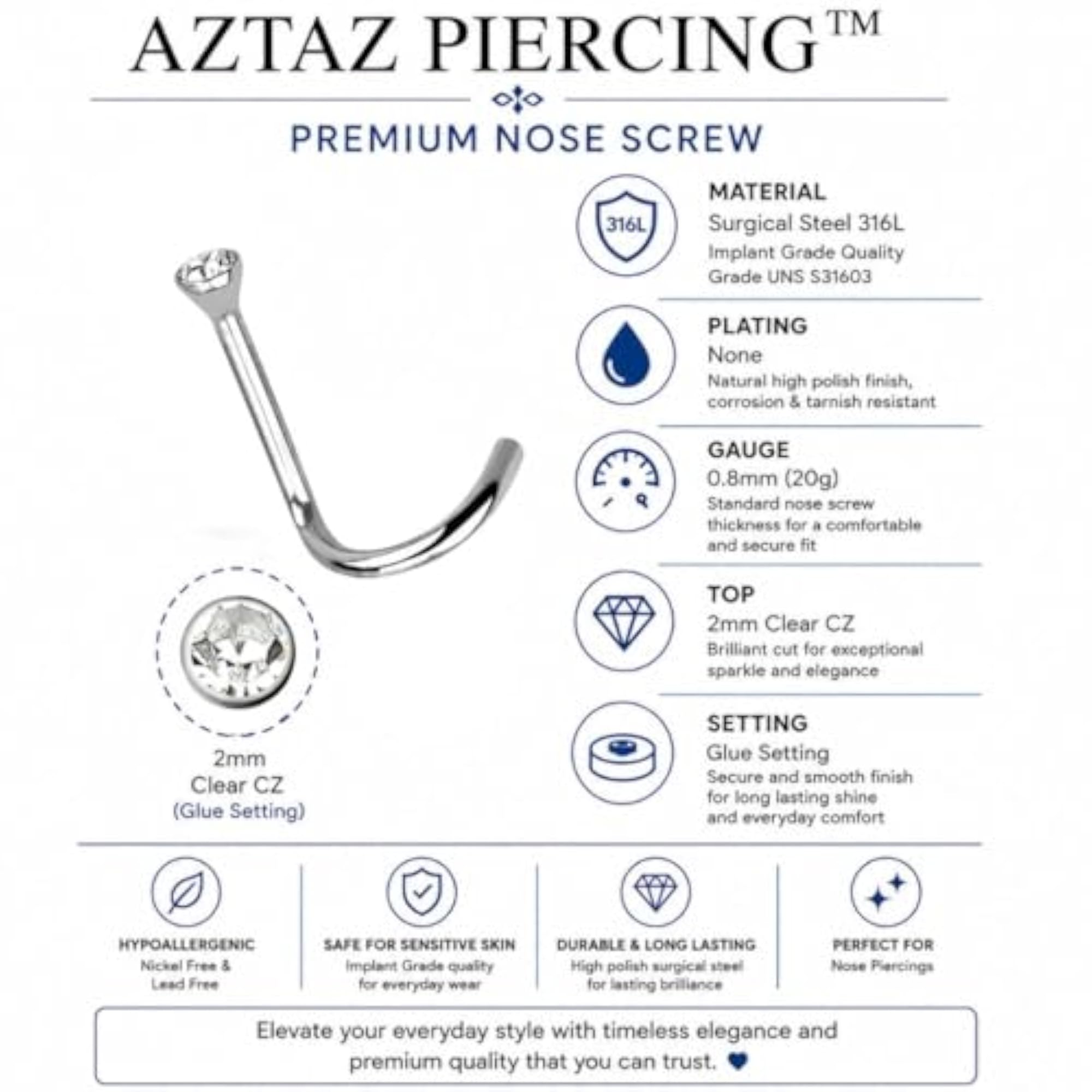 Surgical Steel Nose Screw with Crystal Stone