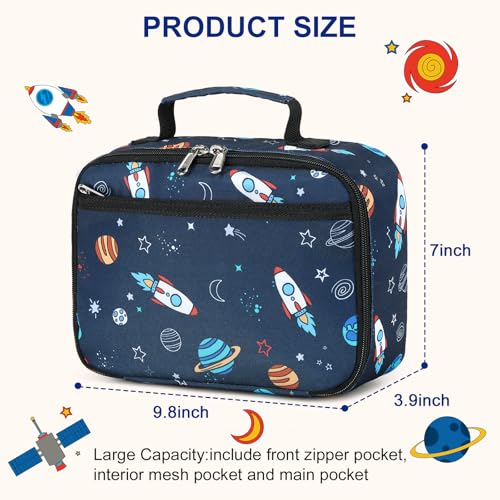 Image of Lunch Box for Kids Boys Insulated Lunch Bags Toddler Lunch Tote Bag Thermo Picnic Cooler Bag for School Children (Spaceship-Navy Blue)