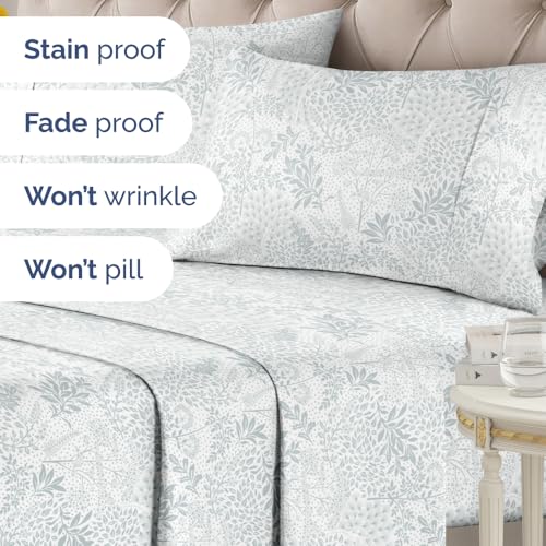 Image of Queen 4 Piece Floral Sheet Set - Soft, Breathable & Cooling - Gray Ferns