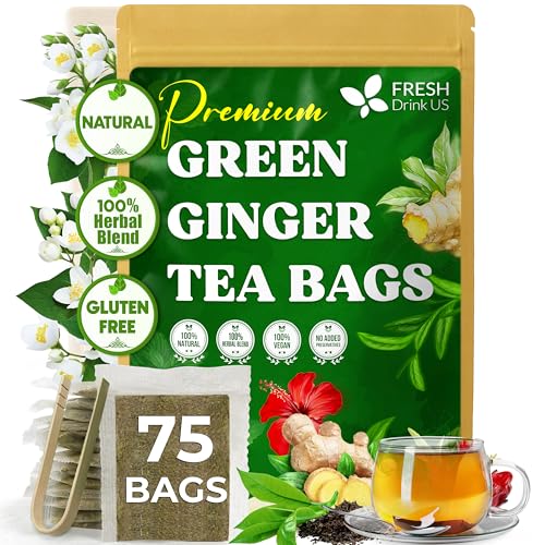 Image of FreshDrinkUS, Premium Green Ginger Tea | 75 Tea Bags | Sencha Green Tea with Ginger, Lemongrass, Turmeric, Hibiscus & Peppermint | Natural Herbal Blend | Comfort & Refreshing, Vegan