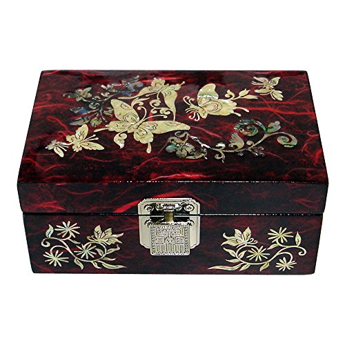 Antique Alive Portagioie in legno intarsiato in madreperla, design con farfalla e fiori, portagioie da viaggio, portagioie, scatola regalo