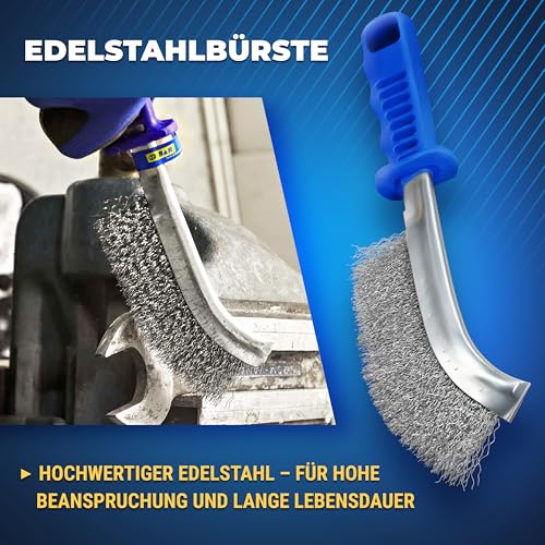 S&R 3-teiliges Hand-Drahtbürsten-Set: Edelstahl-, Messing- und Stahlbürsten für Metall, Holz, Rost, Entgraten und Schweißnaht-Reinigung – Ergonomische, schmale Handbürsten für Werkstatt & DIY-Projekte