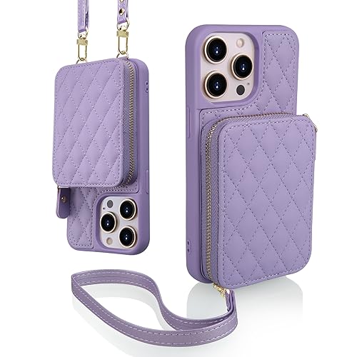 CORCUS Crossbody Wallet Case Compatible with iPhone 15 Pro Max with Strap-RFID Blocking Zipper Card Holder Quilted Leather Phone Cover Wristlet Lanyard women (6.7-inch)-Violet Purple