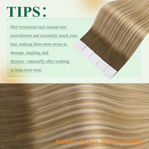 Image of Tape in Hair Extensions Human Hair Blonde Balayage Tape in Extensions Human Hair Brown Ombre Honey Blonde Mixed Platinum Blonde Hair Extensions Tape ins Easyouth Straight Hair 14Inch 20Pcs 40g