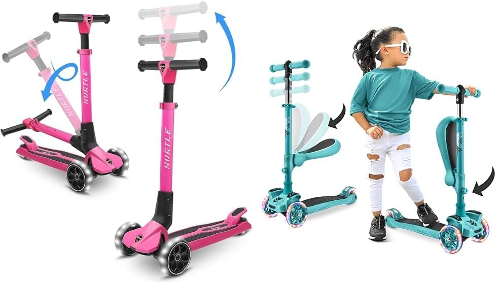 Hurtle Kids Scooters - 3 Wheel Adjustable Height Anti-Slip Deck LED Lights - Sit/Stand Removeable Seat and Standard Models for 1-12 Year Old Boys/Girls