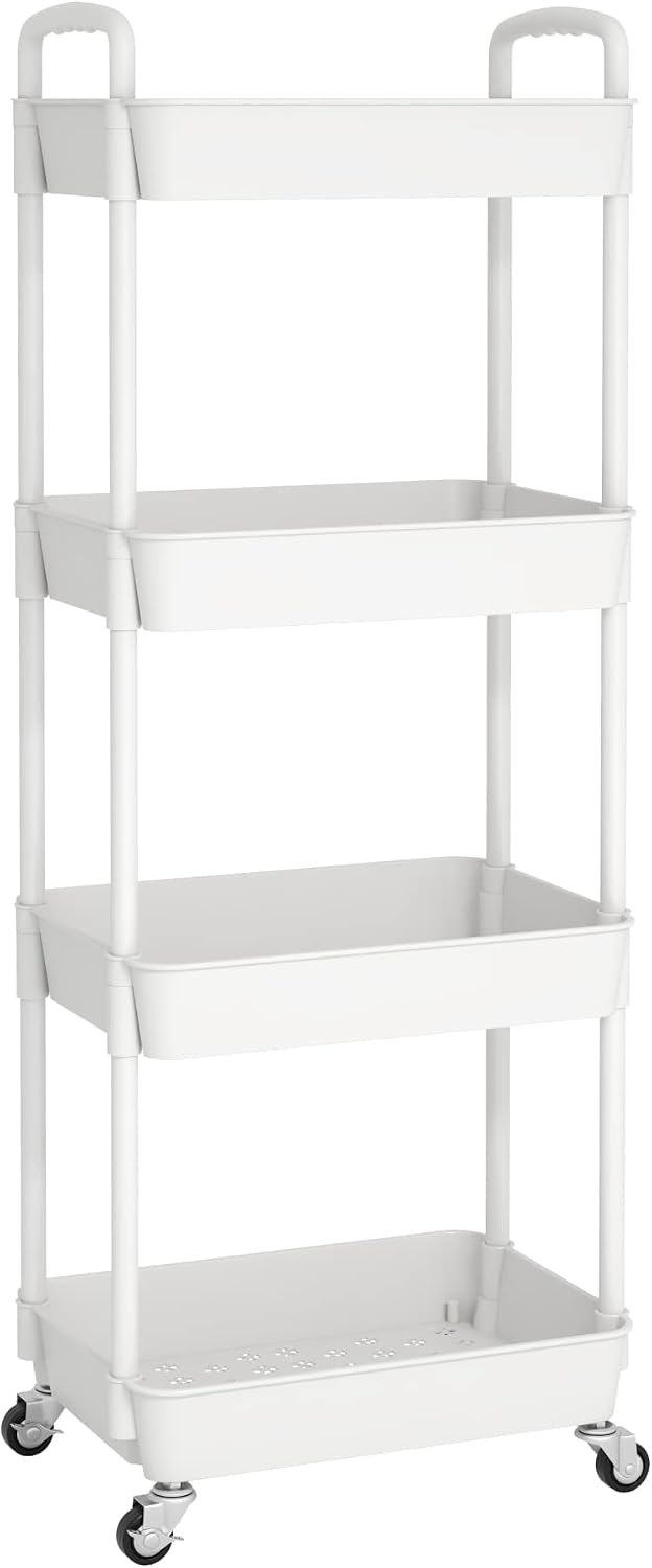 JIUYOTREE 4-Tier Rolling Storage Cart Utility Cart with Lockable Wheels for Living Room Bathroom Kitchen Office White