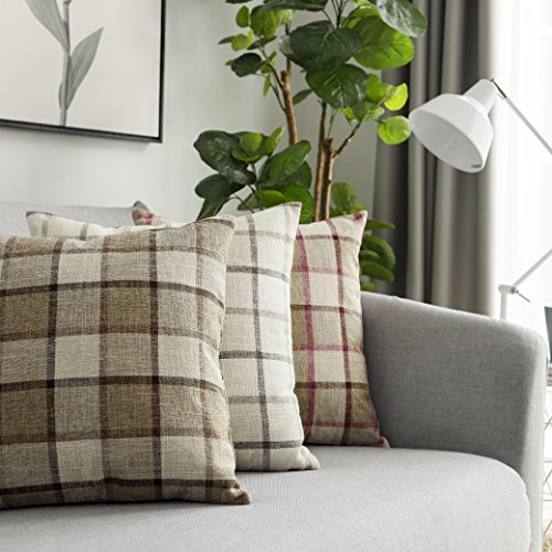 Ugasa 5 Tone Classic Retro Checkered Plaids Cotton Linen Cushion Cover Square Throw Pillow Cover Modern Farmhouse Cushion Shams Pillowcase For Sofa, 18X18 Inch(45Cm), Set Of 2, Natural + Brown #TOP3