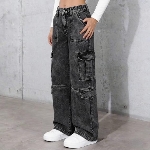 Tenfinordi Girls Cargo Baggy Jeans Black, Y2K Straight Wide Leg Cargo Denim Pants - Kids Multi Pockets, Elastic Waistband & Button Teen School Trendy Streetwear Trousers Size 12 by Tenfinordi - Used condition - Image 2