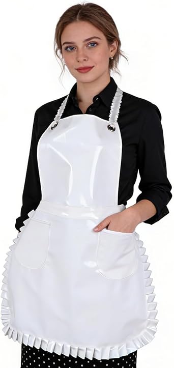 Glossy Cute Ruffled Apron, Lace-Up Model with Two Pockets, Vinyl Apron for Artists and Barbers, Waterproof