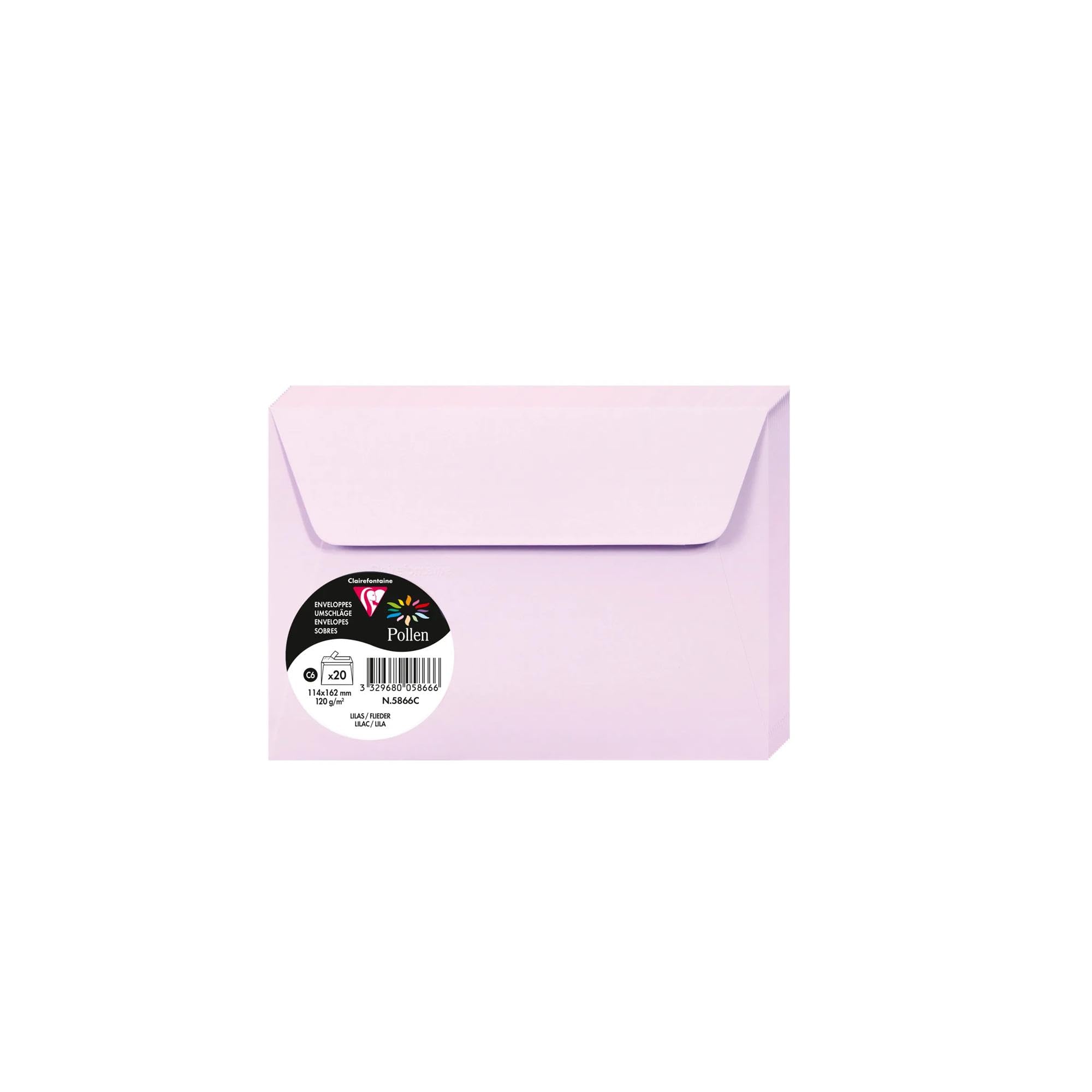 Clairefontaine 5866C Pack of 20 Self-Adhesive Envelopes Format C6 11,4x16,2cm 120g colour Lilac Invitation Events Correspondence Pollen Range Premium Paper