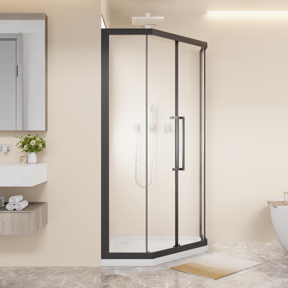 Neo-Angle Sliding Shower Enclosure 36"x72", 1/4" Clear Tempered Glass Diamond Shaped Shower Door, Double Rollers & Stainless Steel Handles, Matte Black