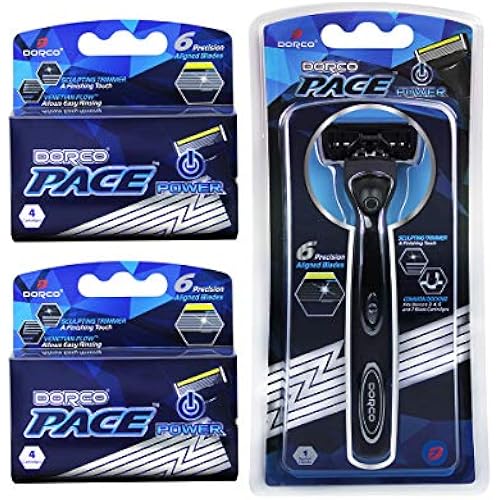 Dorco Pace 6 Plus Power - Six Blade Power Razor System with Trimmer (9 Cartridges + 1 Handle)
