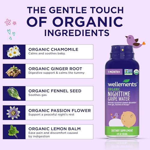 Image of Wellements Organic Nighttime Gripe Water for Babies 1 Month+ (4 Fl Oz) - Baby Gripe Water for Bedtime Relief Gas, Colic & Fussiness - Herbs Promote a Peaceful Night's Sleep - USDA Certified & Non GMO