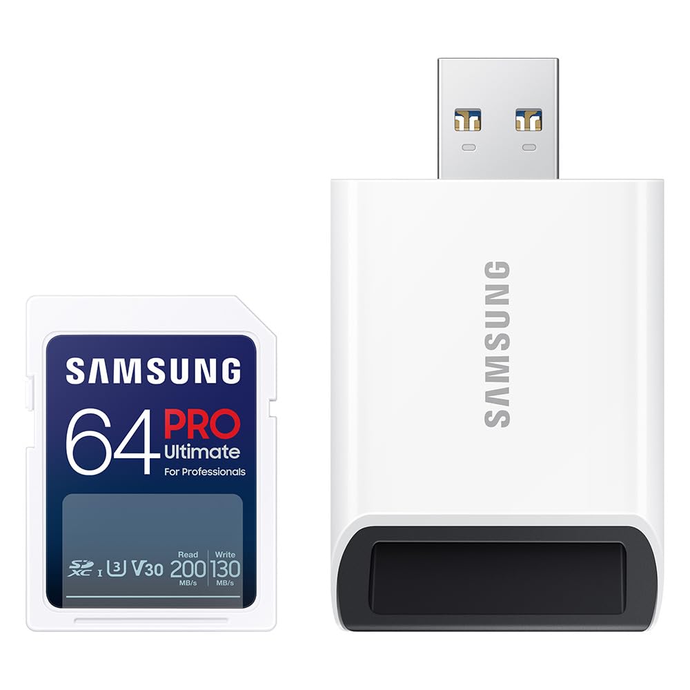 Samsung PRO Ultimate SD-Karte, 64 GB, UHS-I U3, Full HD & 4K UHD, 200 MB/s Lesen, 130 MB/s Schreiben, Speicherkarte für Kamera, PC, Drohne oder Action-Cam, Inkl. USB-Kartenleser, MB-SY64SB/WW