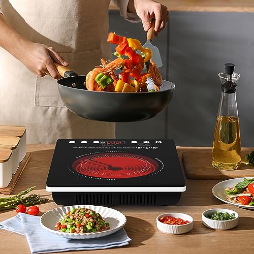 Image of Single Burner Electric Cooktop, 1800W Electric Stove Top Portable, Infrared Hot Plate 110v Plug in Countertop, Child Safety Lock, Timer, 9 Power Level, Compatible for All Cookware, Induction Cookotp