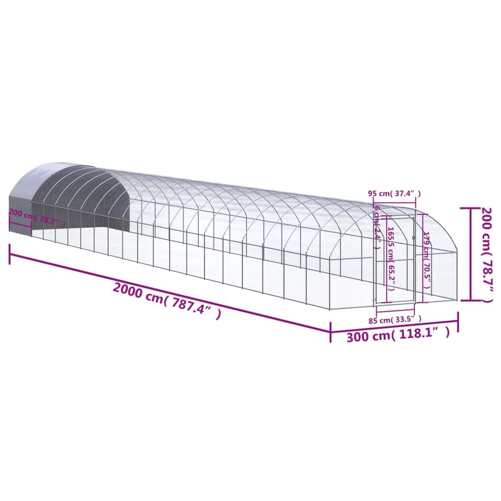 Pollaio per esterni in acciaio zincato, 3 x 20 x 2 m, con tetto in polietilene resistente alle intemperie, spazioso recinto per polli, anatre, piccoli animali, gabbia stabile con griglia