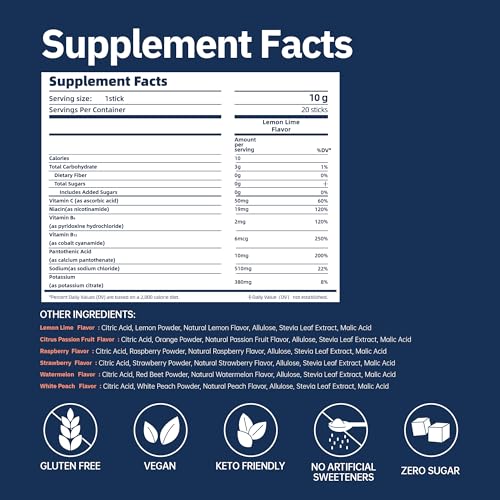 Image of Electrolytes Powder Packets, Lemon Lime 20 Sticks, Sugar Free Hydration Packets Electrolyte Drink Mix with 7 Vitamins and Electrolytes, Keto Friendly, Vegan, Gluten Free