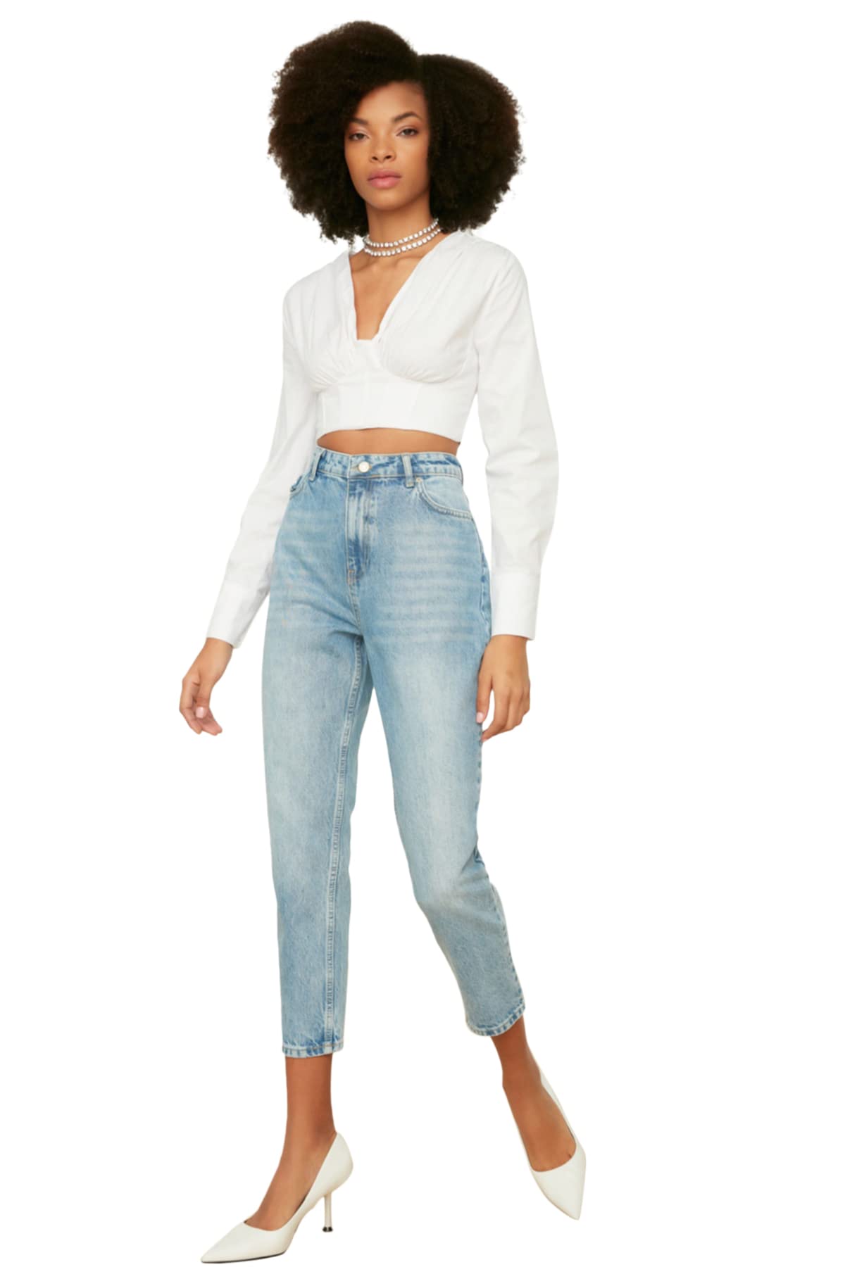 Trendyol Girls Light Blue Woman Basics High Waist Straight Leg Mom Jeans