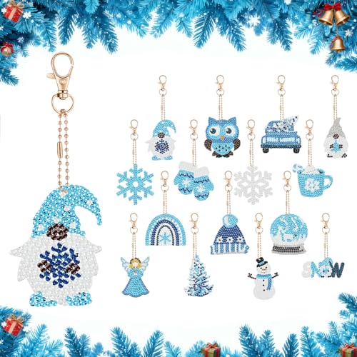Bailtouk 15 Piezas Llaveros de Navidad de Diamante, 5D Pintura Diamante Llavero Navidad, Llaveros Diamante Pintura Kits Navidads Colgante Adorno para Colgante, Etiqueta de Regalo,Colgante de Ventana