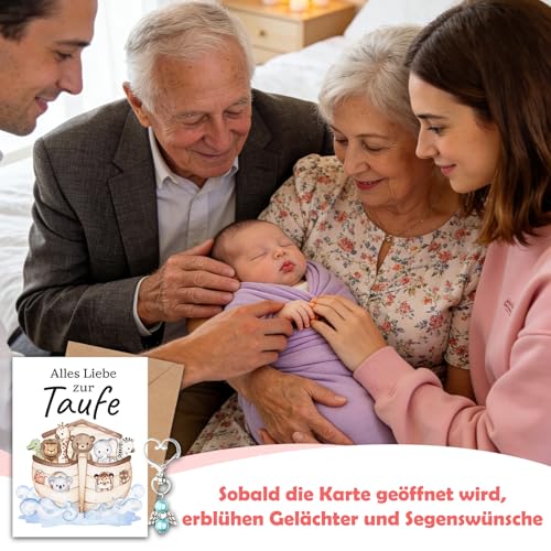 Taufe Geschenk Set 3 Teilig Mit Karte Und Umschlag Und Schlüsselanhänger, Alles Liebe Zur Taufe Klappkarte 15x10 Cm, Taufkarte Junge Mädchen Für Patenkind Familie Freunde